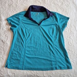 Made for Life womens size 1X green teal with blue collar short sleeve EUC